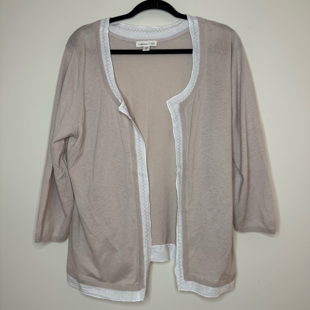 COLDWATER CREEK Linen Blend Cross Stitch Embroidered Neutral Delicate Cardigan
